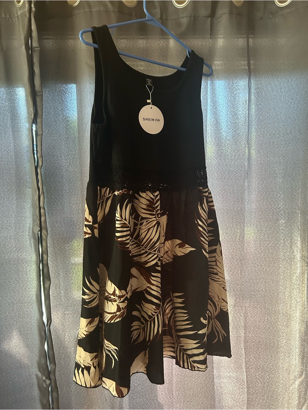 SHEIN Black Dress with Cream Leaf Print Midi
